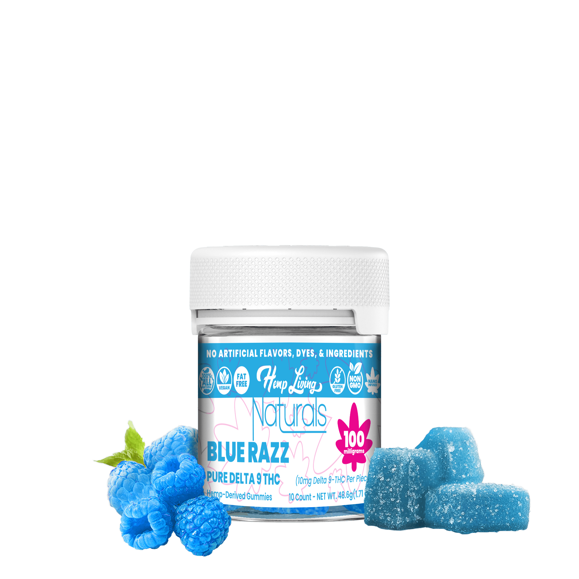 Hemp Living Naturals 100mg Pure D9 Blue Razz Gummies 10ct