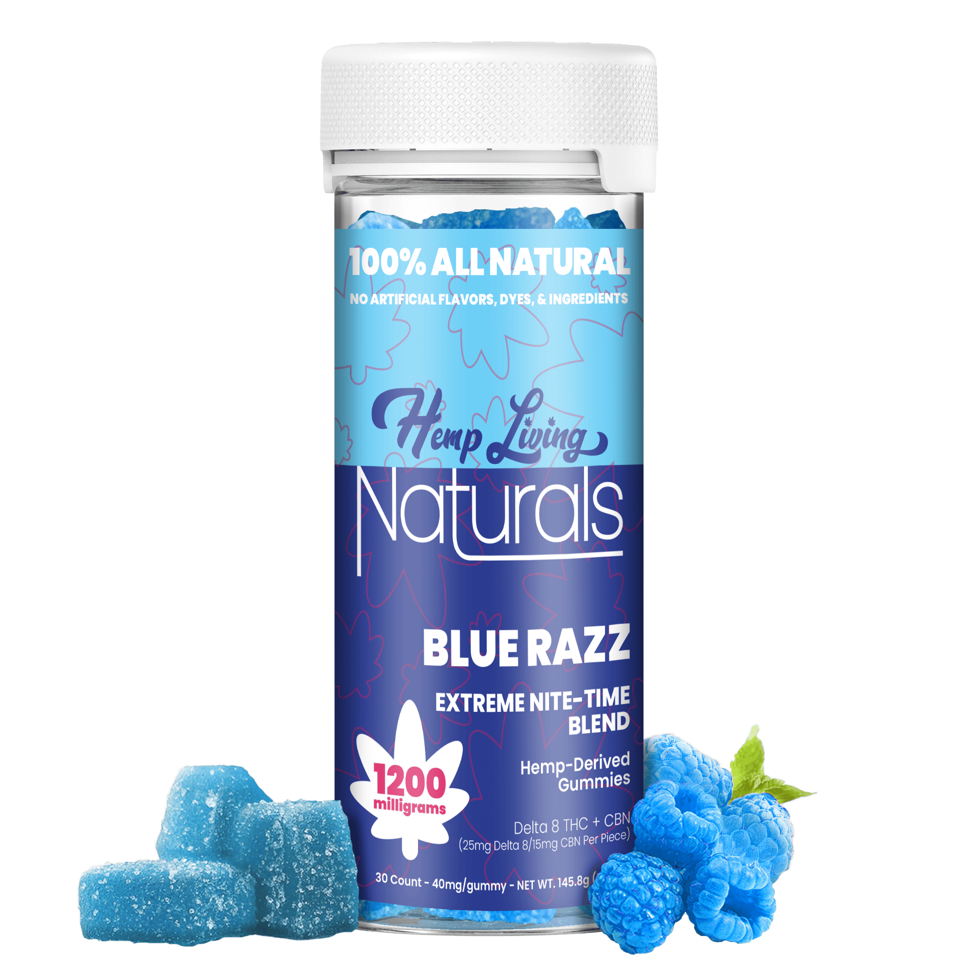 Hemp Living Naturals - 1200mg D8+CBN Extreme Nite-Time Blue Razz Gummies 30ct