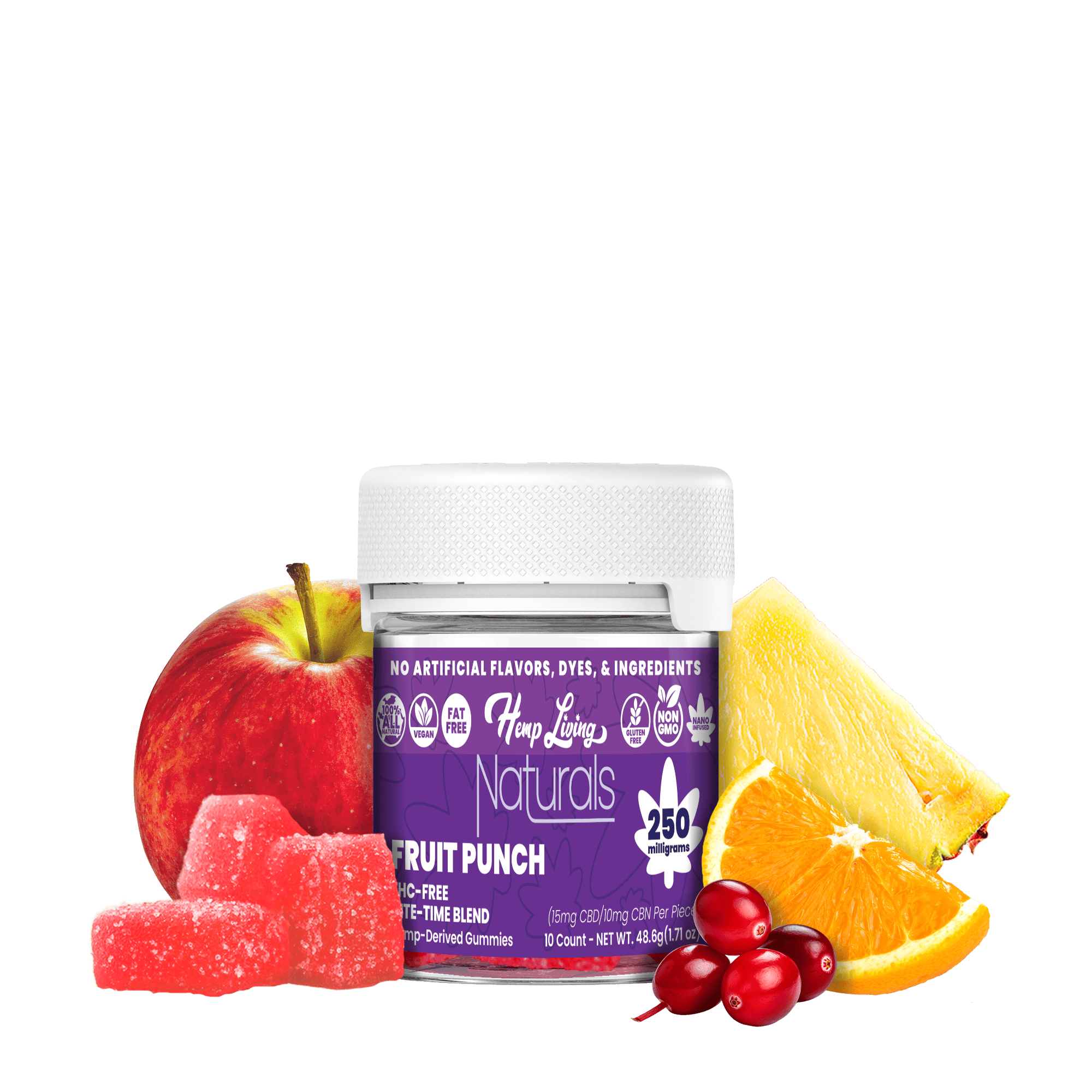 Hemp Living Naturals 250mg CBD + CBN THC Free Fruit Punch Gummies 10ct