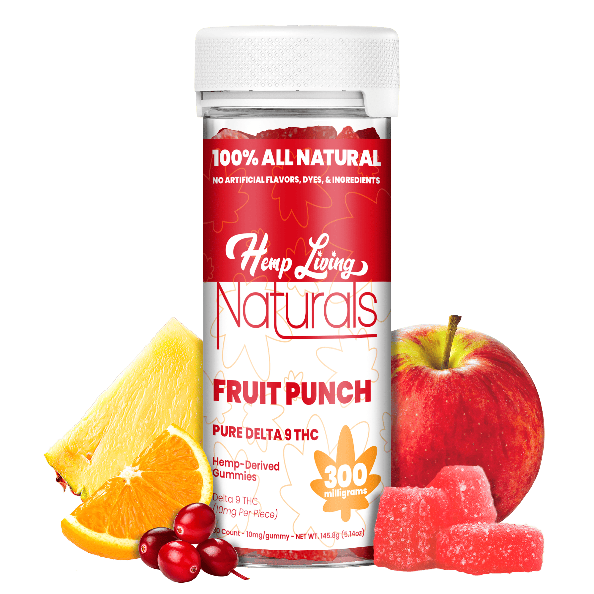 Hemp Living Naturals 300mg Pure D9 Fruit Punch Gummies 30ct