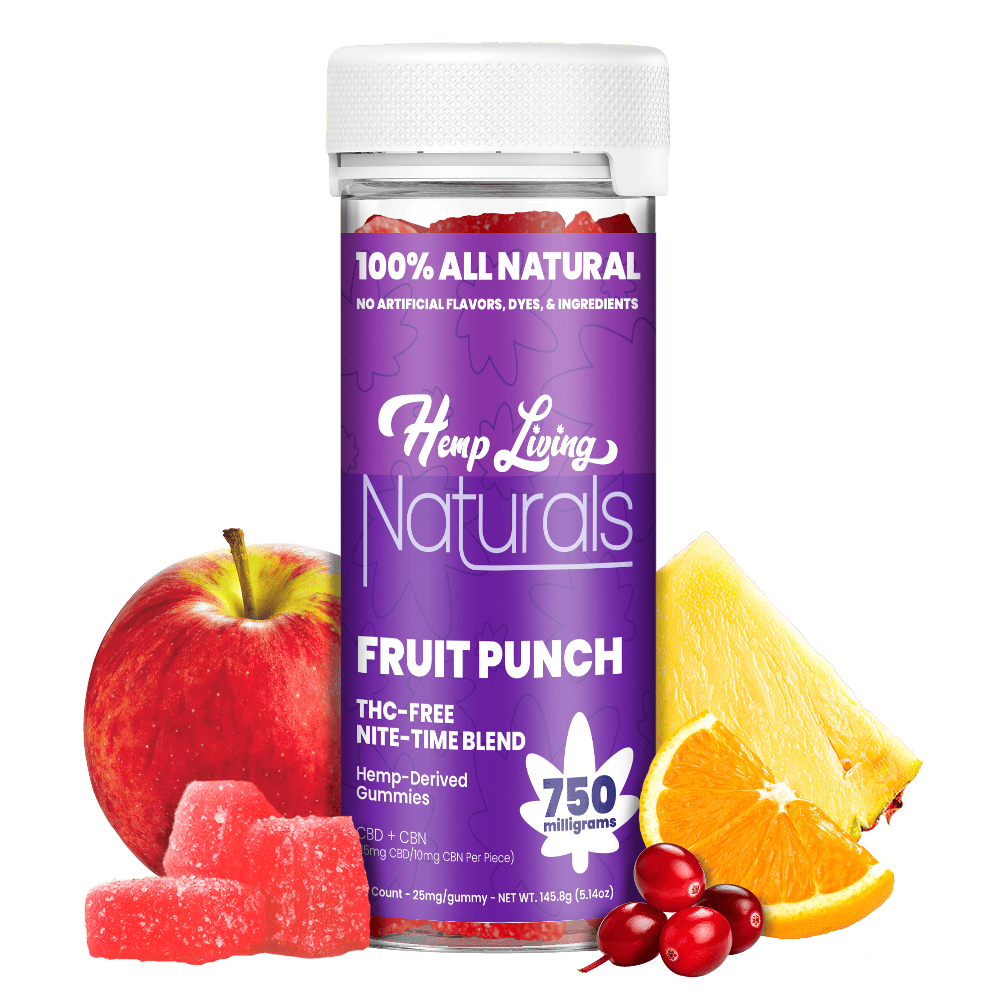 Hemp Living Naturals 750mng CBD + CBN THC Free Fruit Punch Nite Time Gummies 30ct