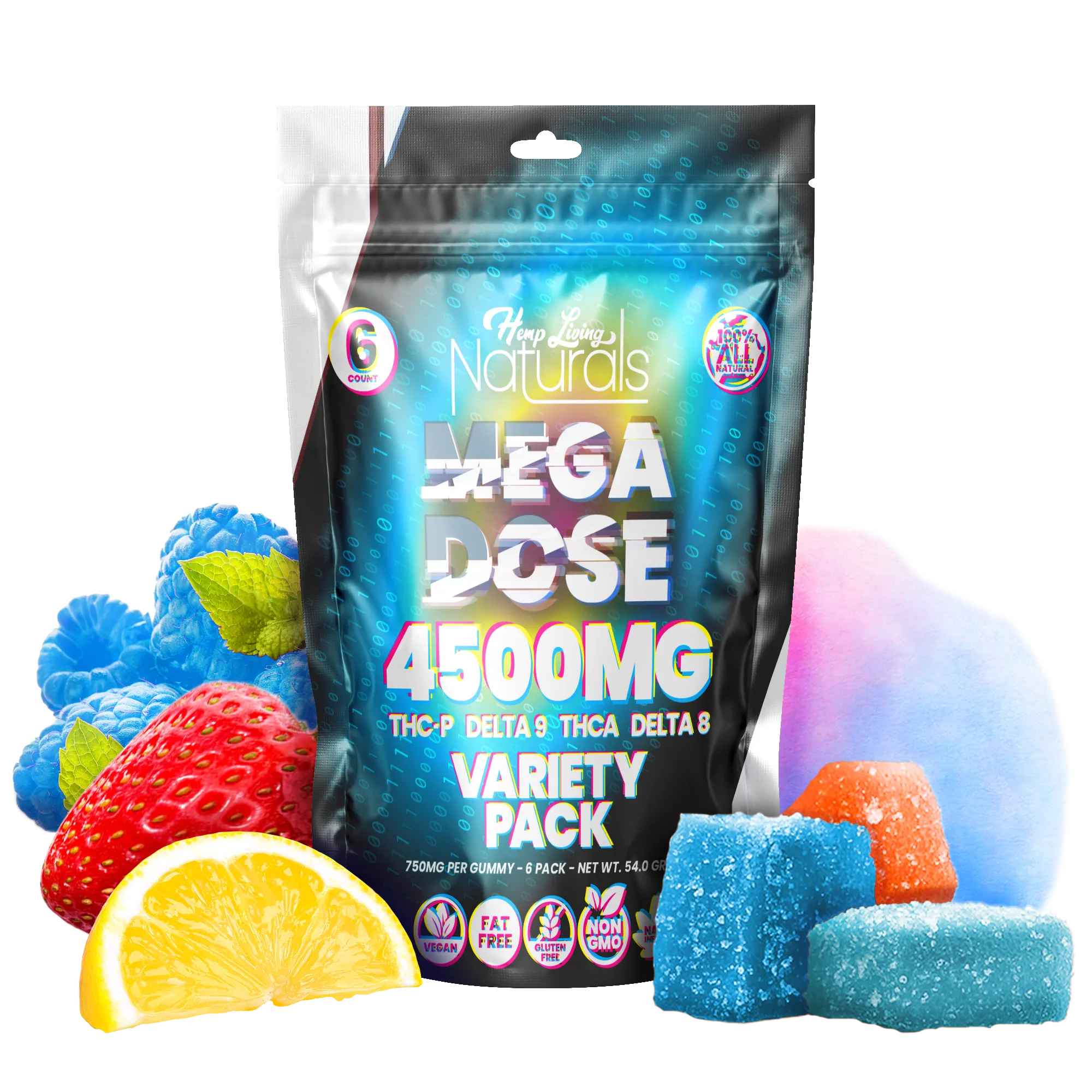 Hemp Living Naturals - Mega Dose 4500mg THCP/D9/THCA/D8 6ct