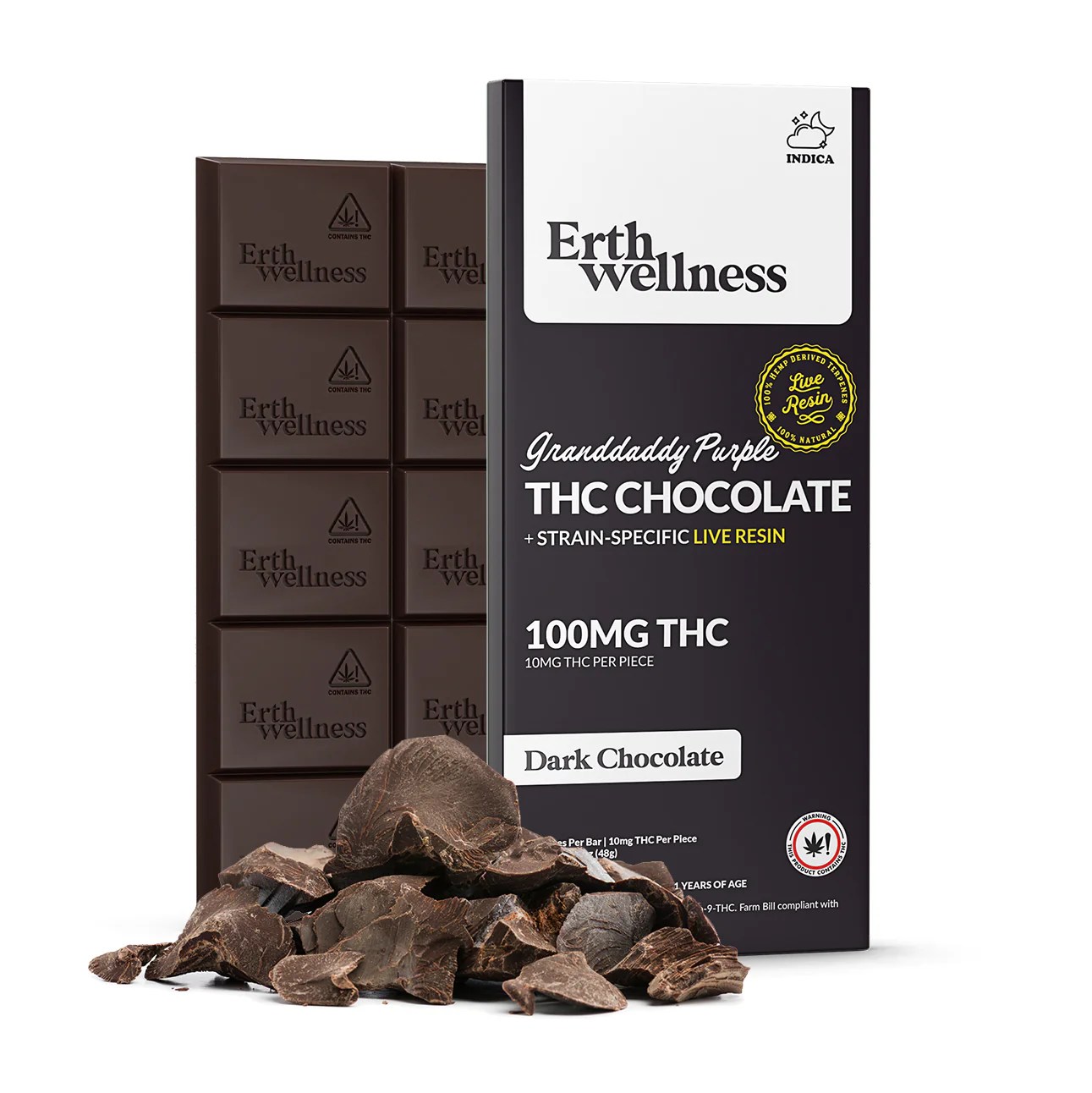 Erth Wellness 100mg THC chocolate bar Granddaddy Purple indica strain