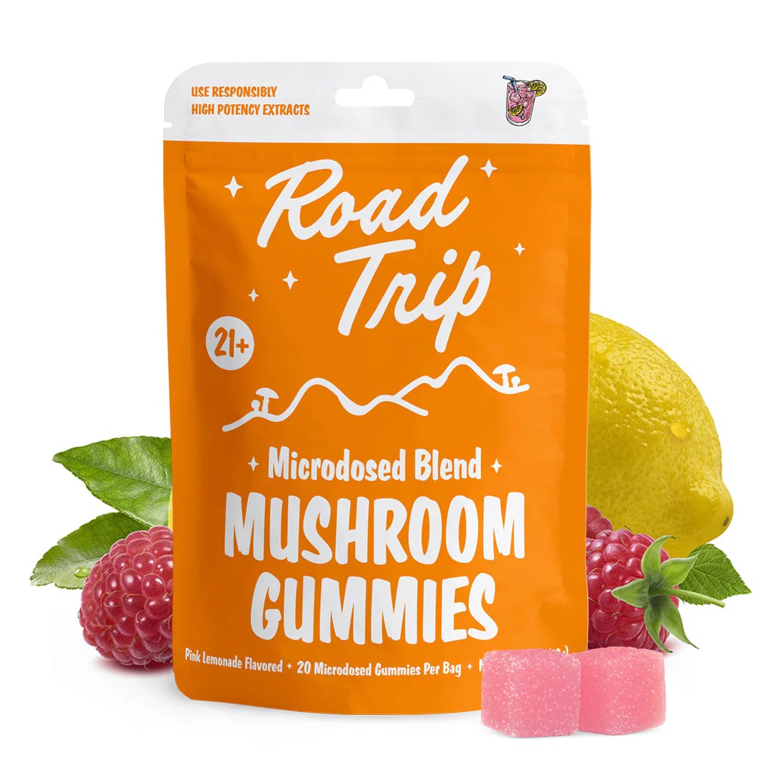 Road Trip Microdose Mushroom Gummies Pink Lemonade flavor package image