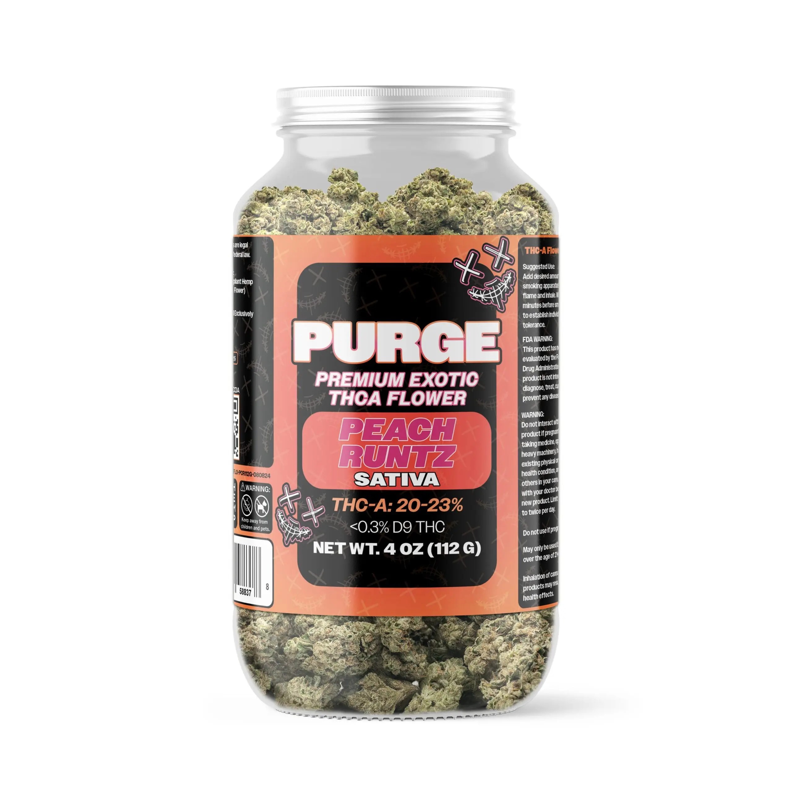 Purge Premium Exotic THCA Flower Peach Runtz jar, 27.73% THC-A sativa