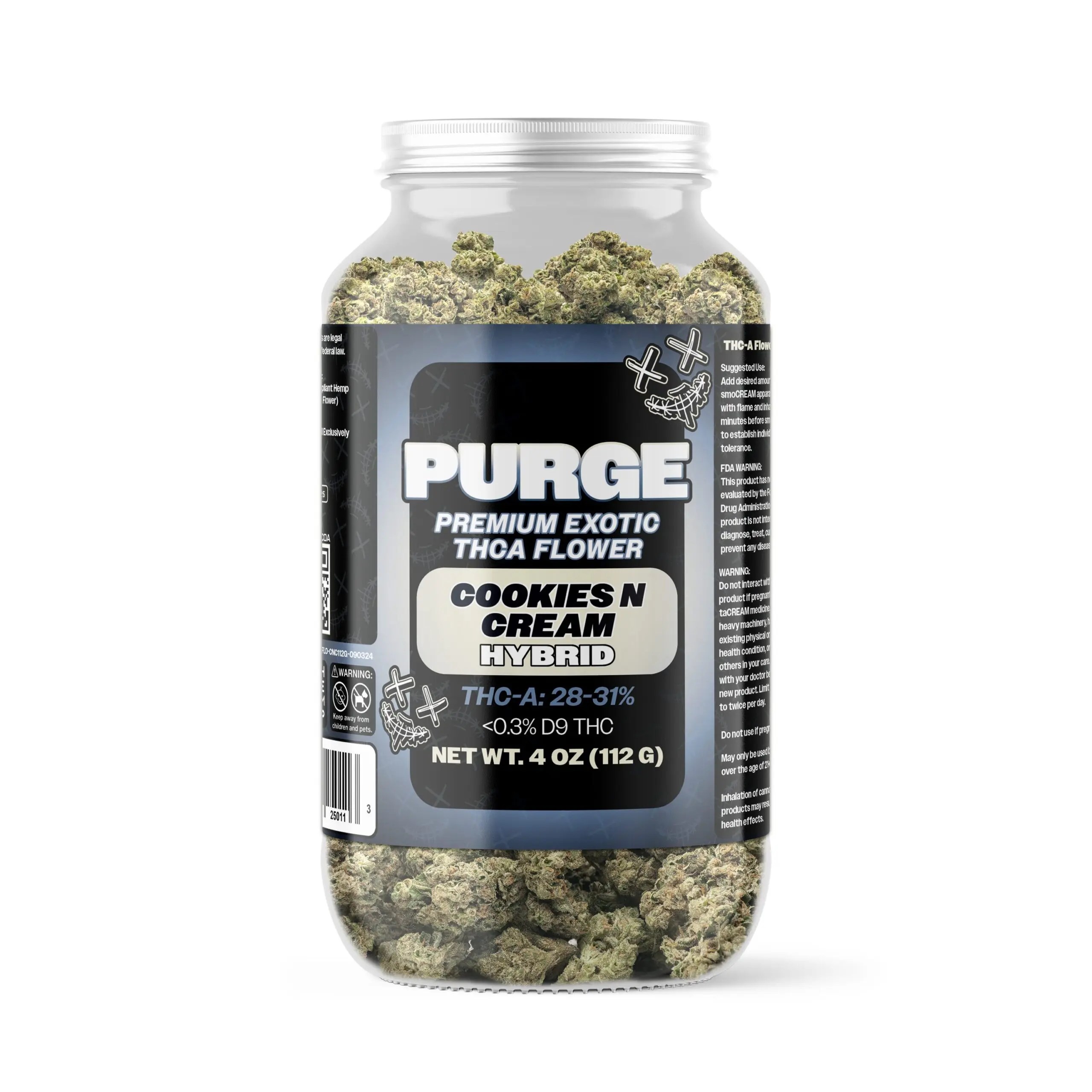 Purge Premium Exotic THCA Flower Cookies N Cream jar, 27.73% THC-A hybrid