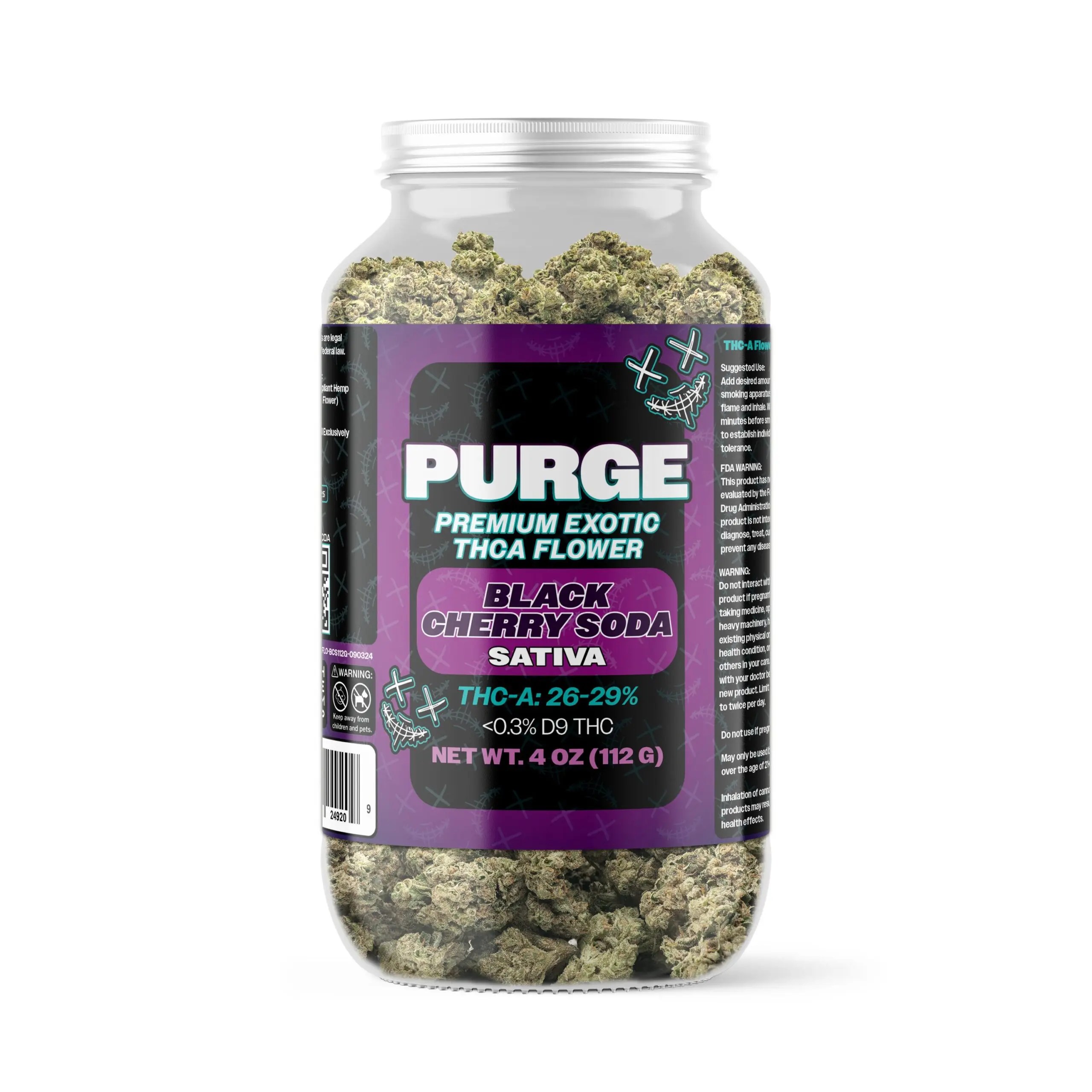 Purge Premium Exotic THCA Flower Black Cherry Soda jar, 26.09% THC-A sativa