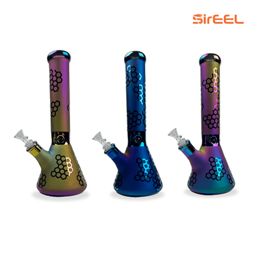 SirEEL 14 inch Honeycomb Water Pipe beaker bong in assorted iridescent colors - gold aurora, sapphire blue, and rainbow twilight