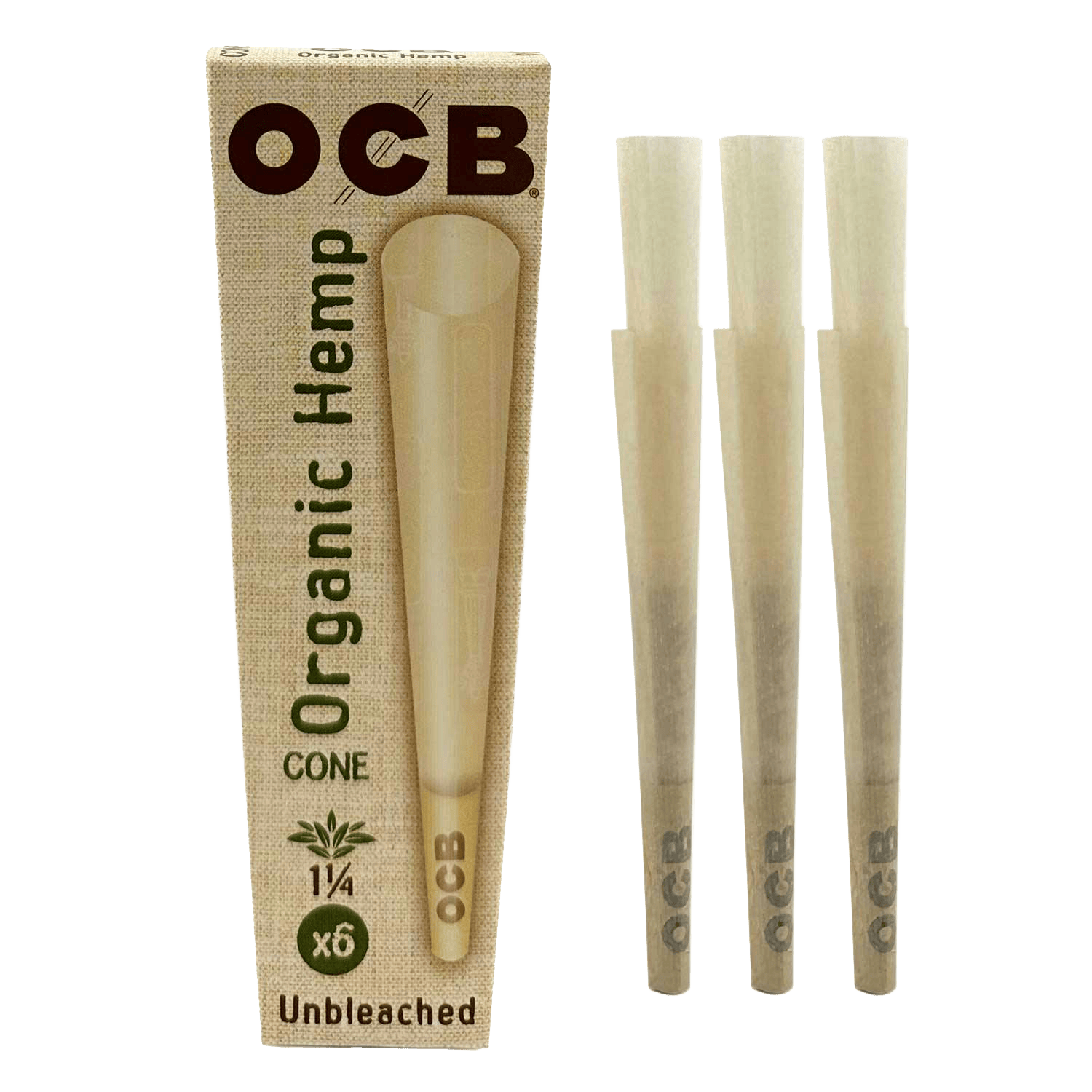 OCB Organic Hemp Cones 1 1/4 unbleached 6ct box with three pre-rolled hemp cones and paper tips