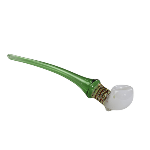 Green Footlong Wizard Wand Pipe with white bowl and spiral accent