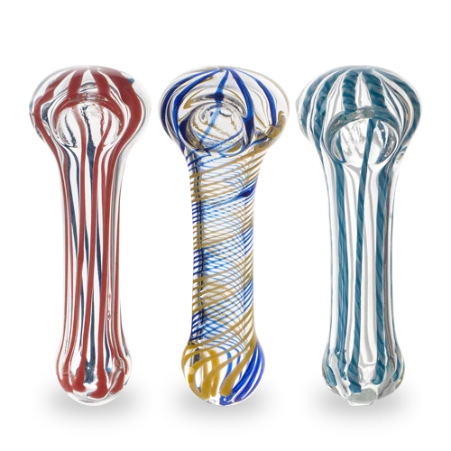 Flower Head Spoon Pipe in assorted colors, three 3.5 inch clear glass pipes with colored cane linework and rosette bowls