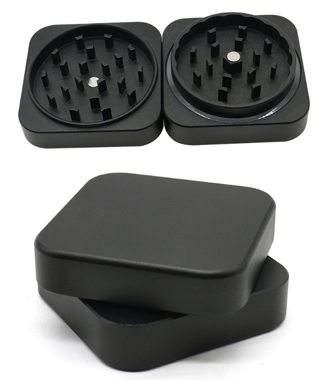 Black Square Aluminum Herb Grinder 55mm stacked showing its slim 2-layer profile