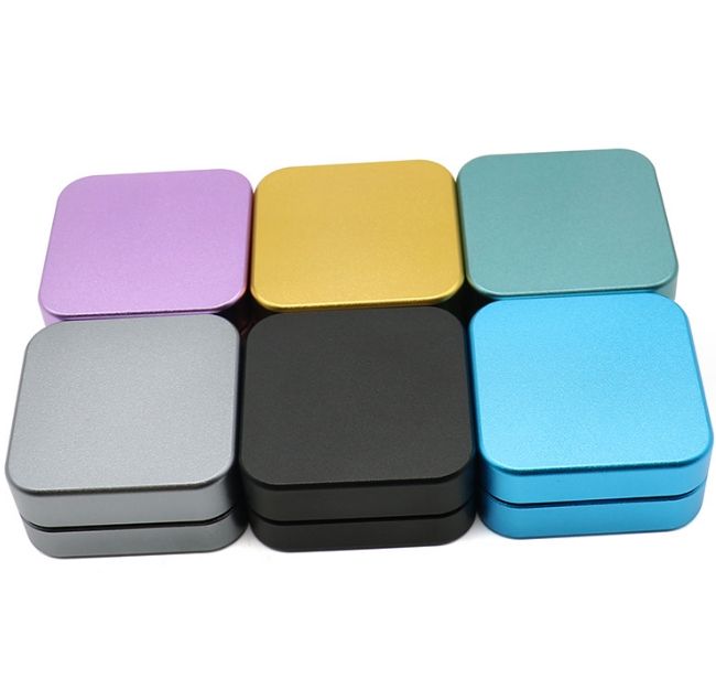 Square Aluminum Herb Grinder 55mm color lineup with matte anodized lids