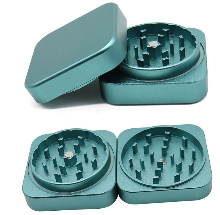 Teal Square Aluminum Herb Grinder 55mm open showing the 2-layer chamber and magnetic lid