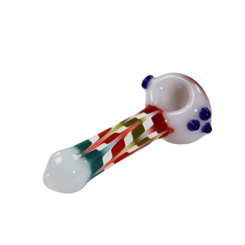 Wig Wag Hand Pipe in white glass with red and teal rake pattern