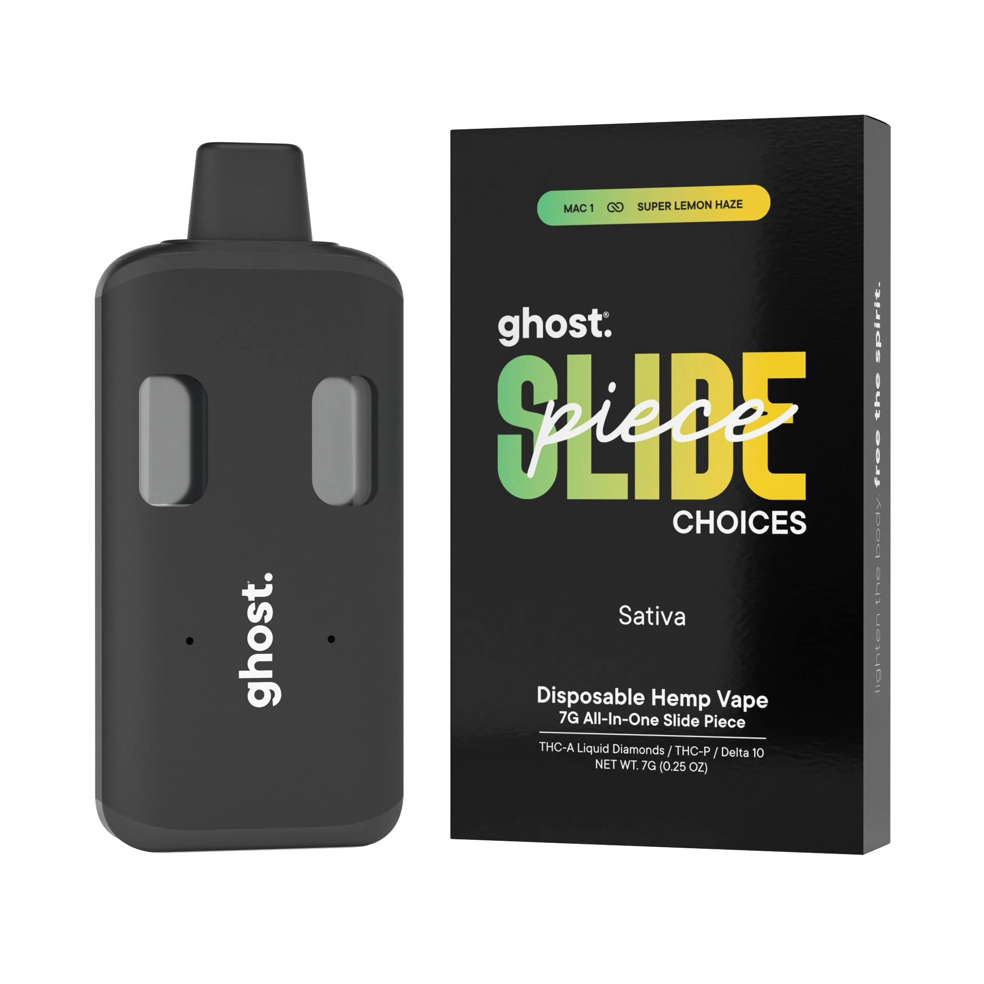 ghost. MAC 1 x Super Lemon Haze 7G THC-A Slide Piece disposable vape with packaging