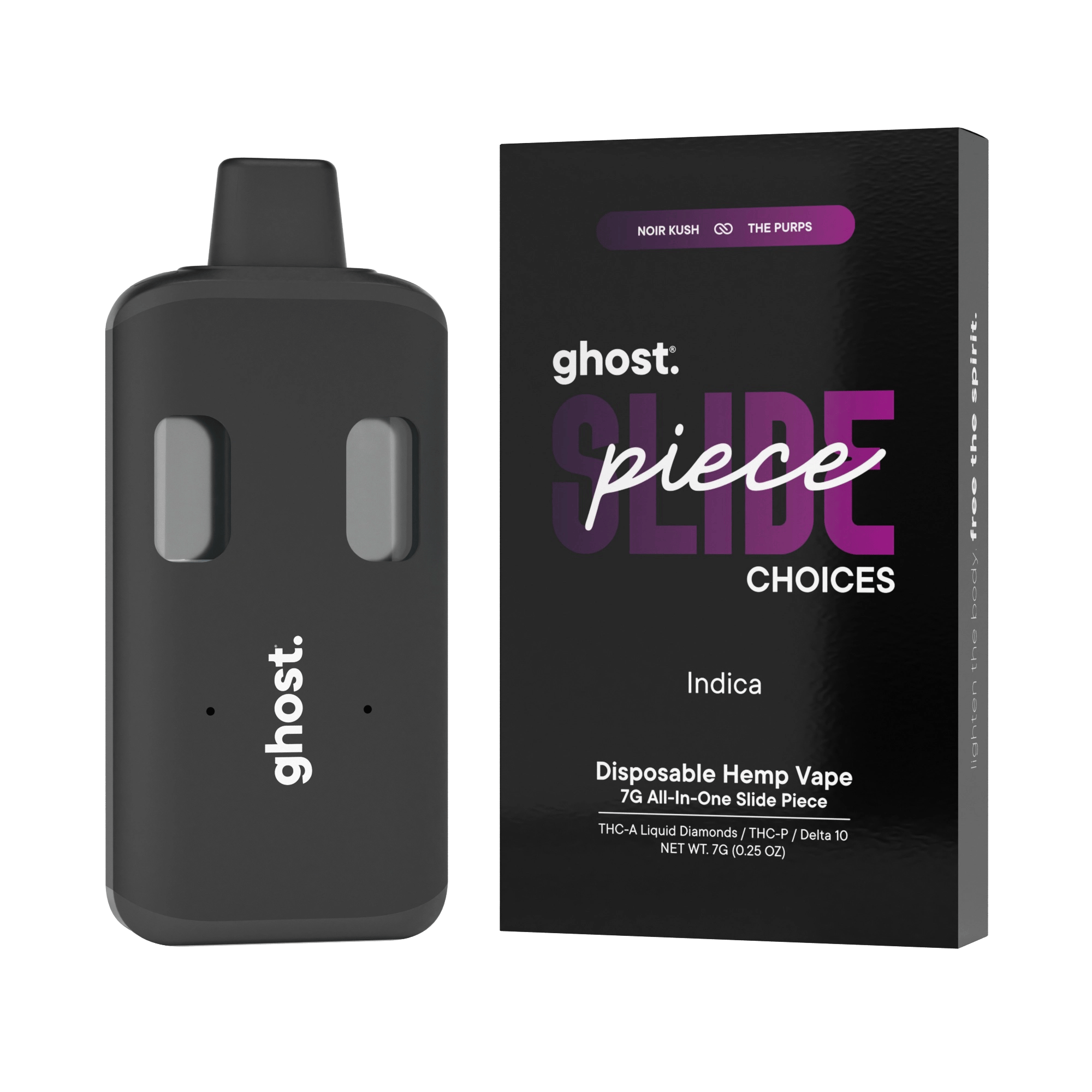 ghost. Noir Kush x The Purps 7G THC-A Slide Piece disposable vape with packaging