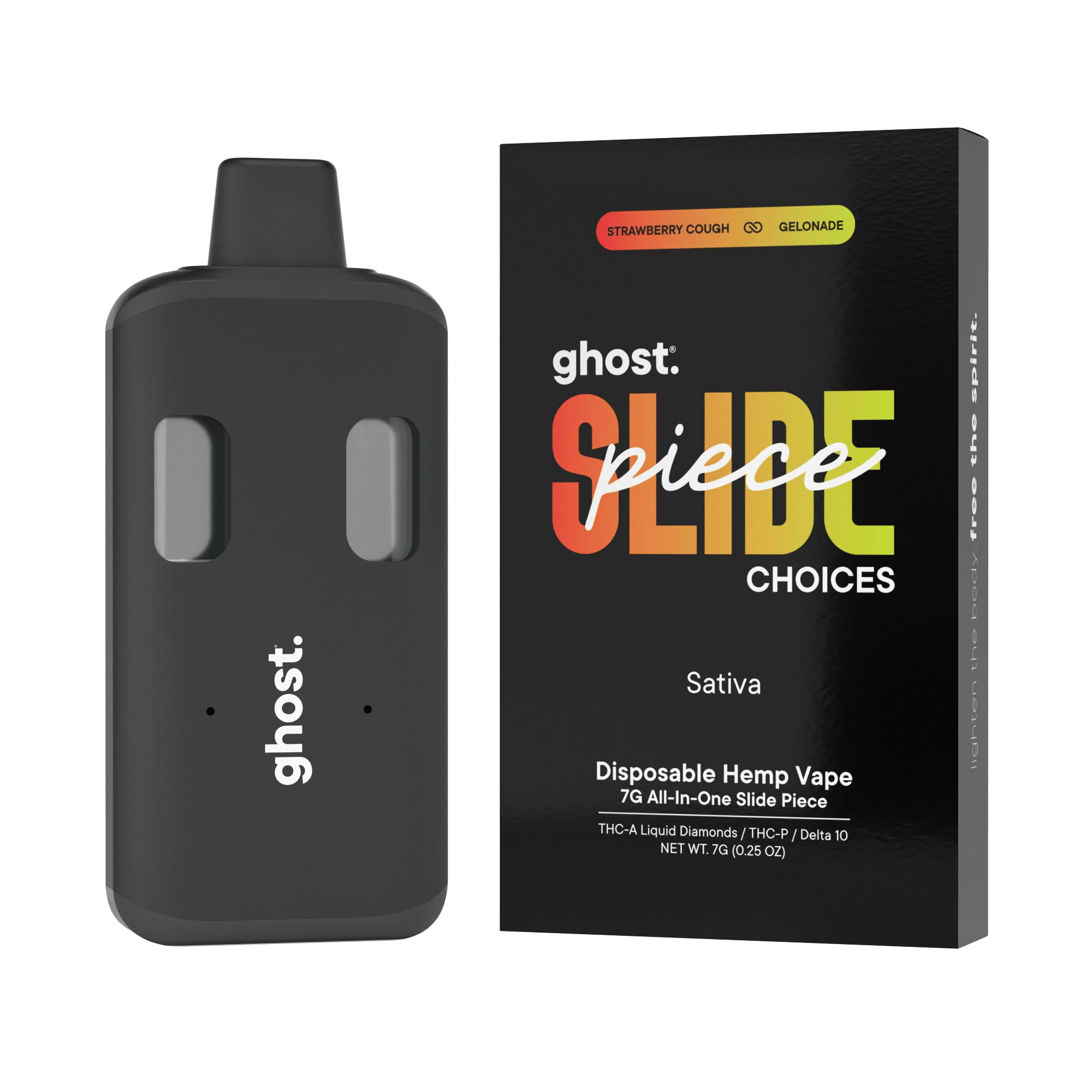 ghost. Strawberry Cough x Gelonade 7G THC-A Slide Piece disposable vape with packaging