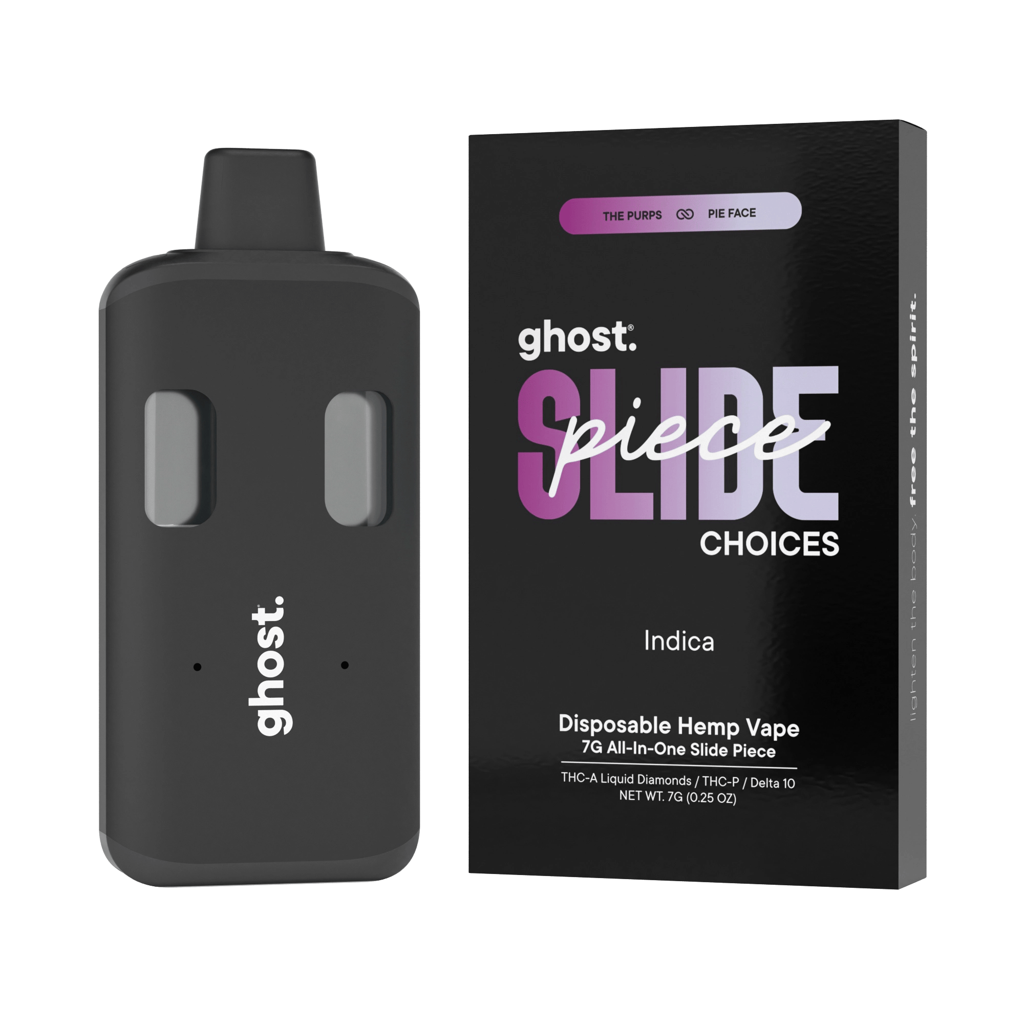 ghost. The Purps x Pie Face 7G THC-A Slide Piece disposable vape with packaging