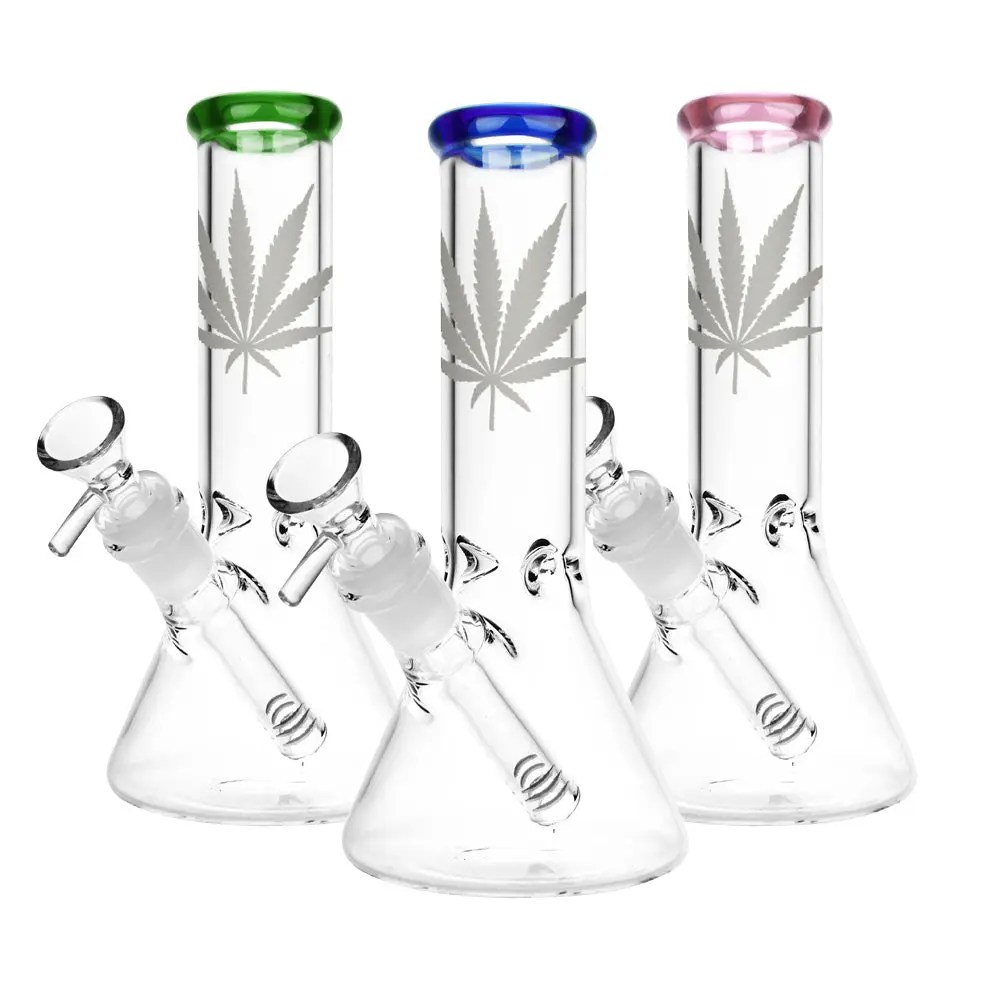 Silver Hemp Leaf Glass Beaker Water Pipe | 14mm F | Colors Vary product image 2