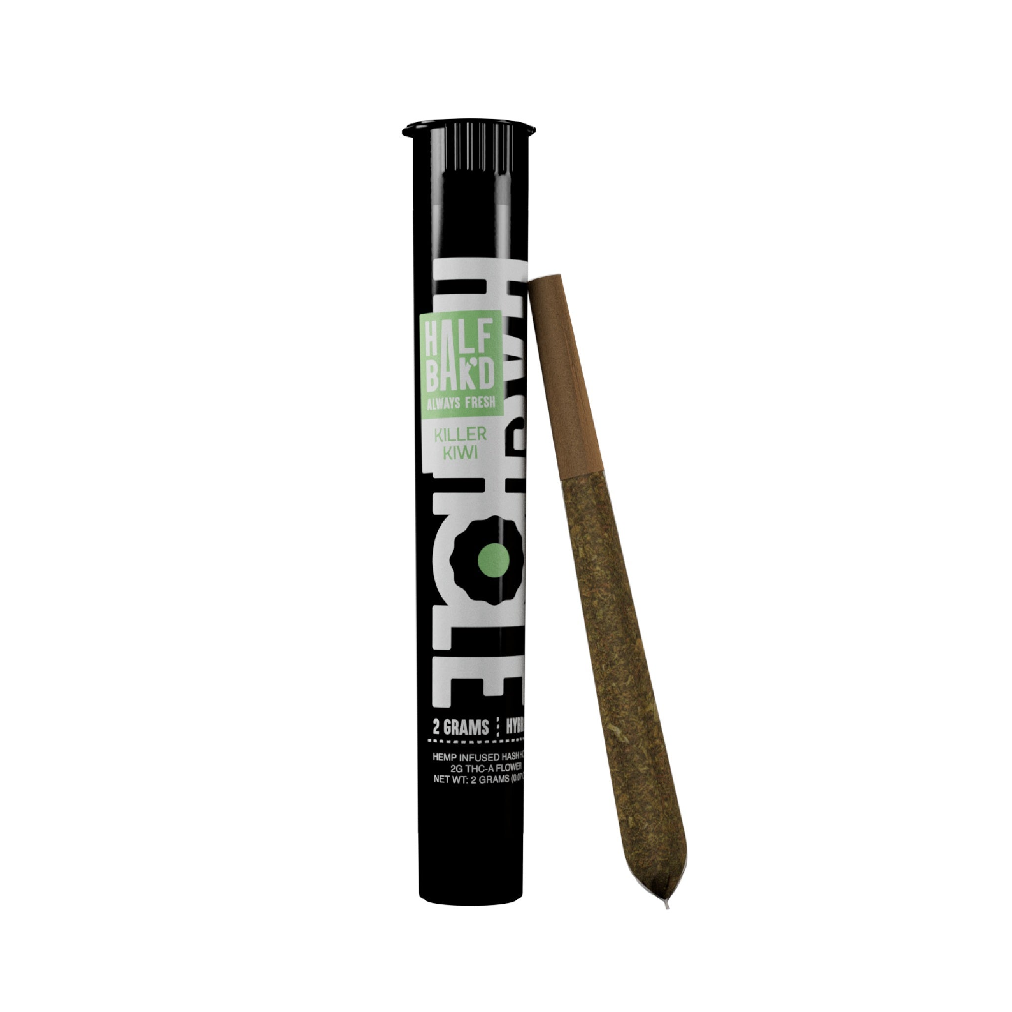 Half Bak'd Hash Holes Killer Kiwi hybrid 2g THC-A infused pre-roll with hash core