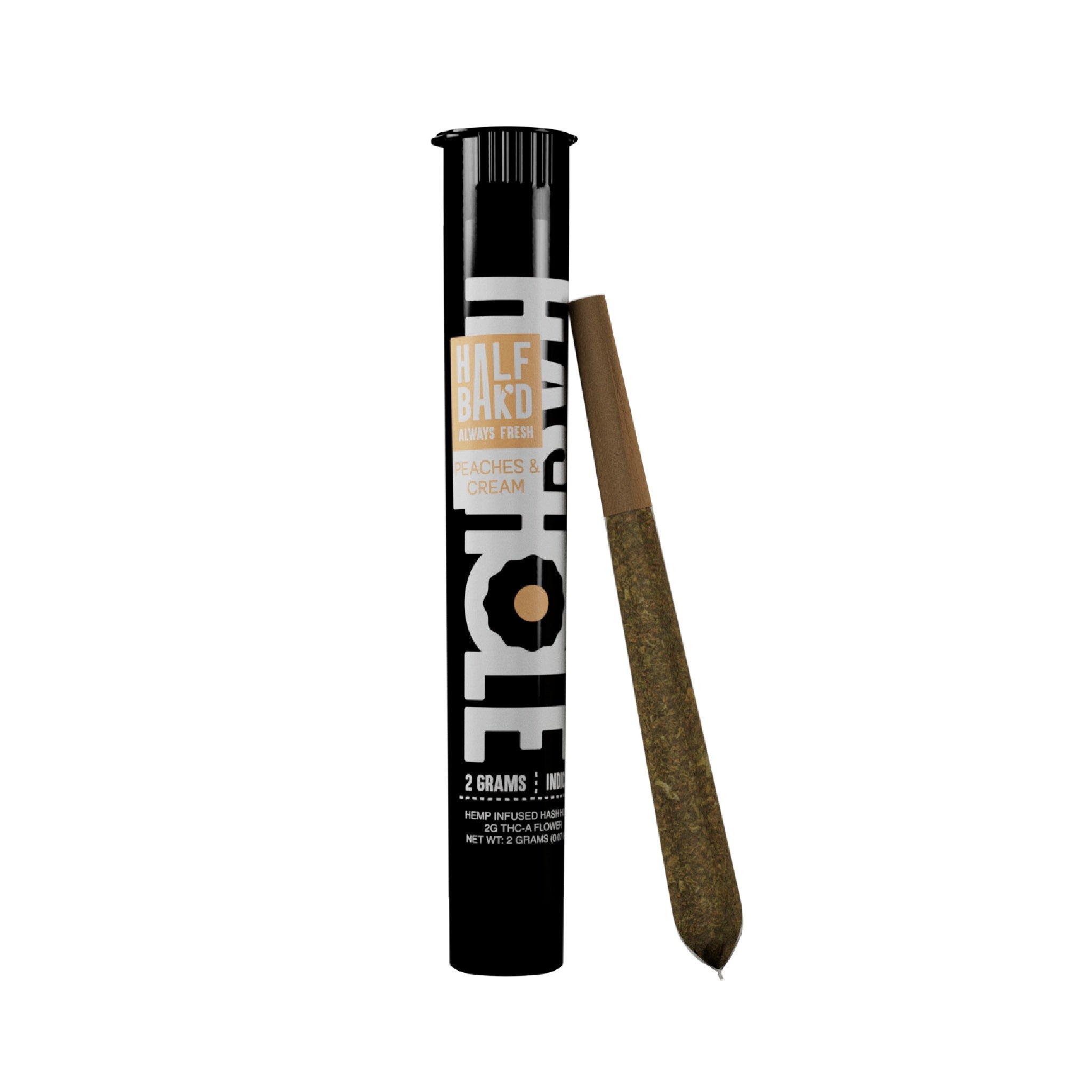 Half Bak'd Hash Holes Peaches & Cream indica 2g THC-A infused pre-roll with hash core