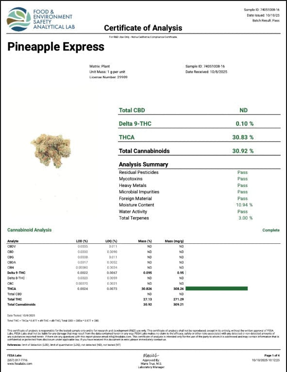 Pineapple Express THCA Flower certificate of analysis 30.92% FESA Labs