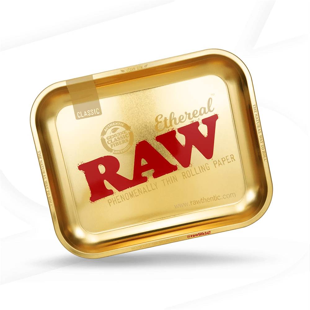 RAW Ethereal Rolling Tray large, mirror-polished metallic gold metal tray with the red RAW logo