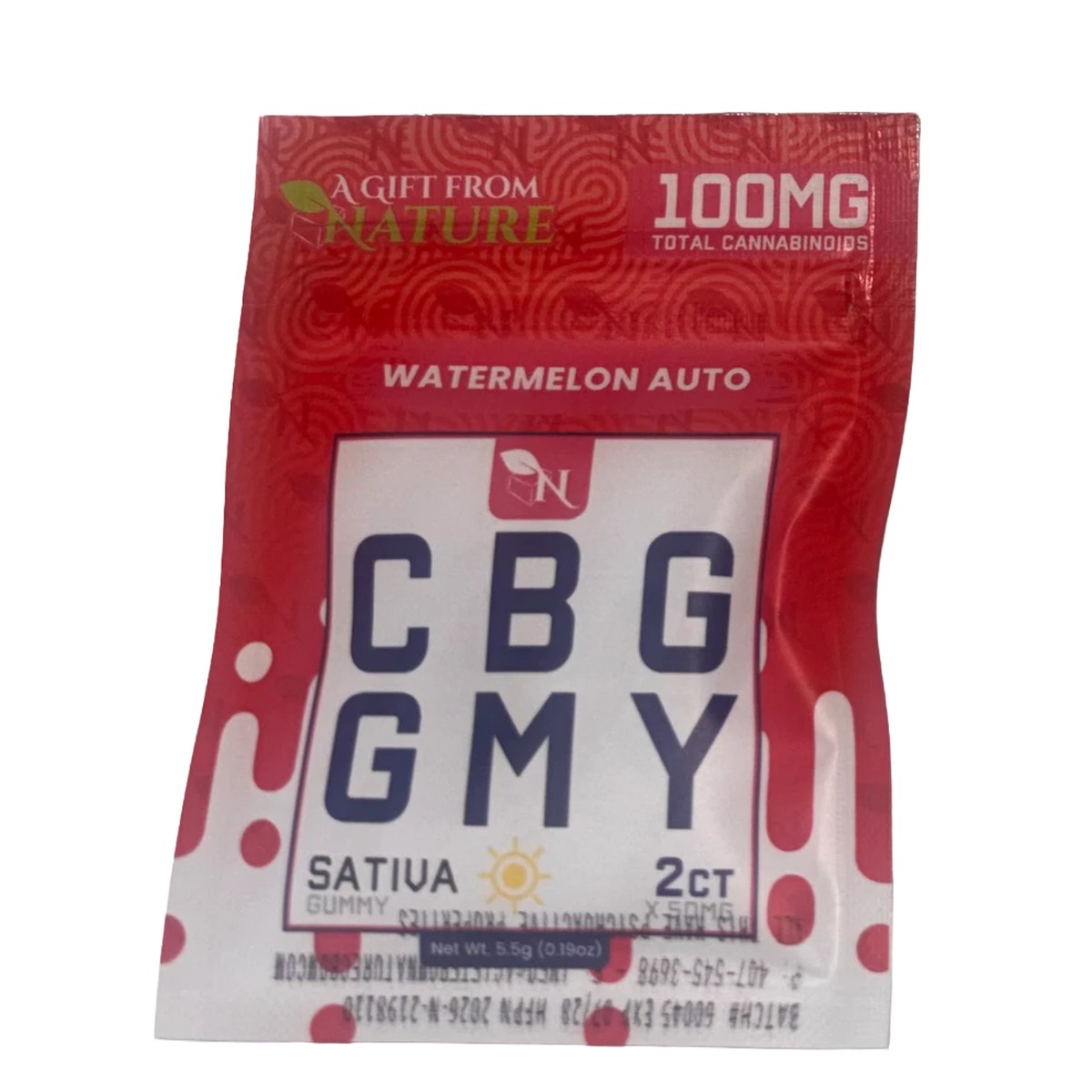 Gift From Nature CBG Watermelon Auto 2ct sativa gummy pack, 100mg total cannabinoids