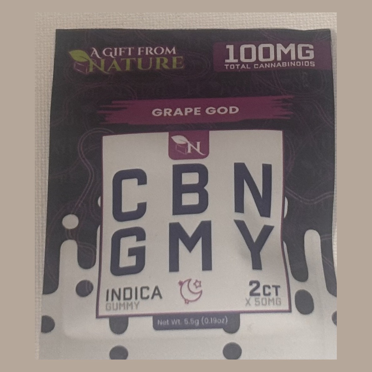 Gift From Nature CBN Grape God 2ct indica gummy pack, 100mg total cannabinoids