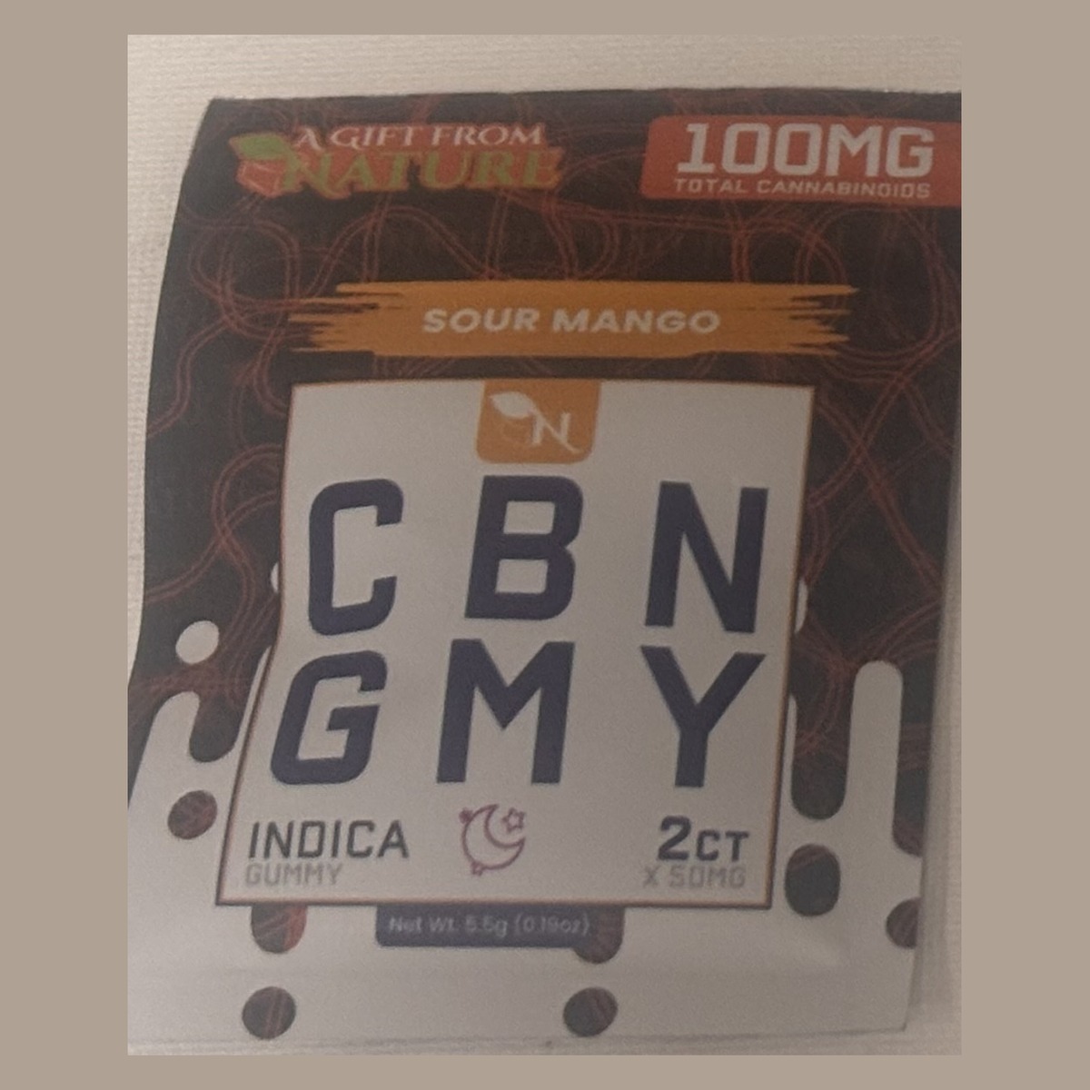 Gift From Nature CBN Sour Mango 2ct indica gummy pack, 100mg total cannabinoids