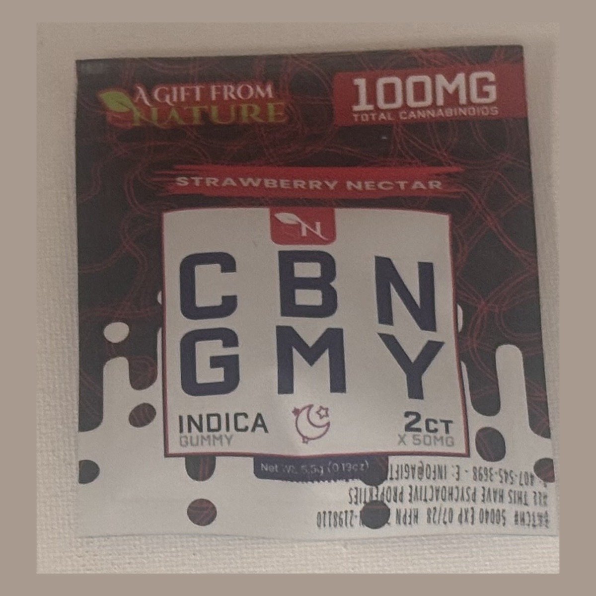 Gift From Nature CBN Strawberry Nectar 2ct indica gummy pack, 100mg total cannabinoids