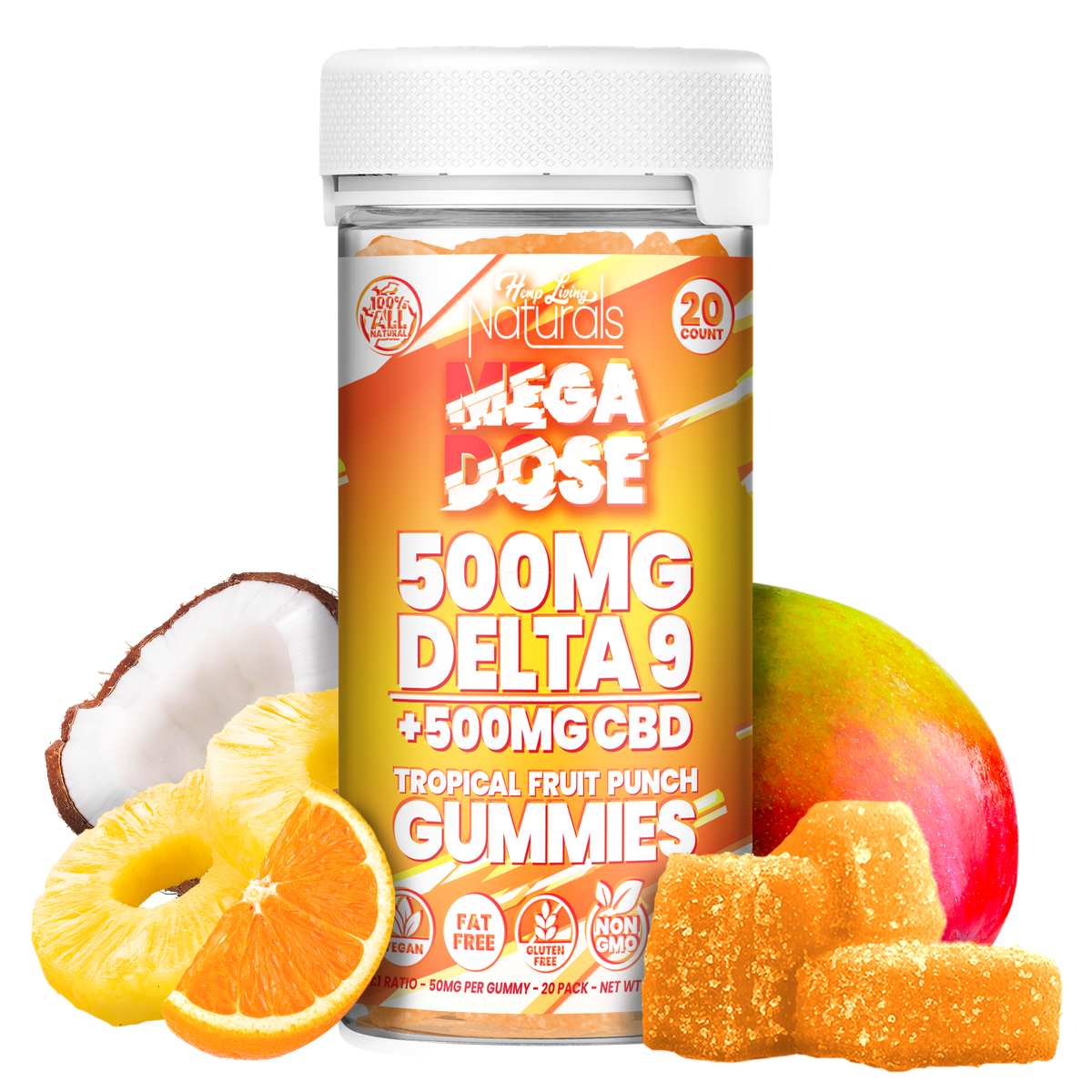 Hemp Living Naturals - Mega Dose 1:1 - 500mg D9 + 500mg CBD Gummies - 20ct Jar