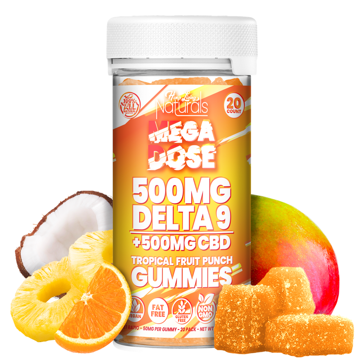 Hemp Living Naturals - Mega Dose 1:1 - 500mg D9 + 500mg CBD Gummies - 20ct Jar
