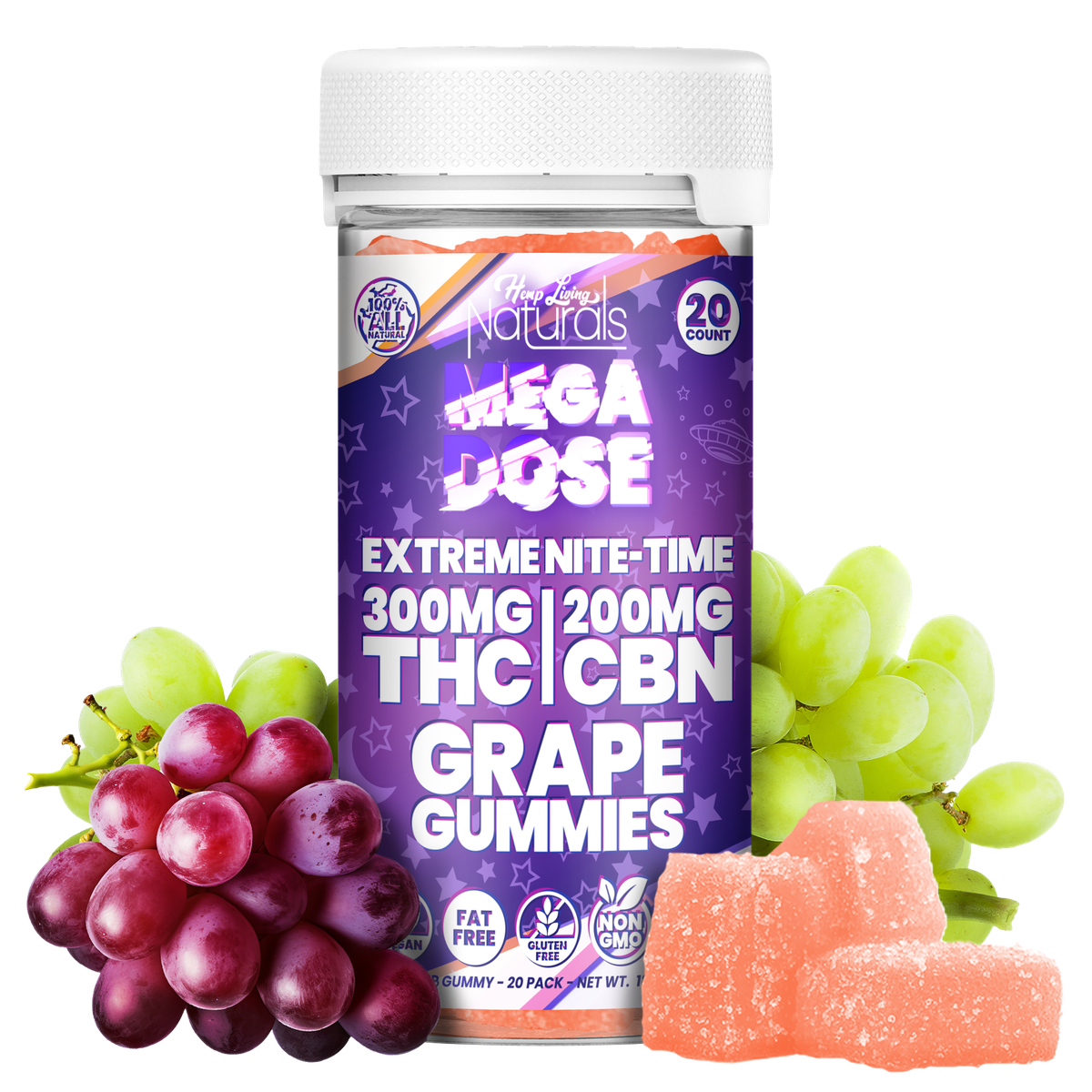 Hemp Living Naturals - Mega Dose Sleep - 300mg D9 + 200mg CBN Gummies - 20ct Jar