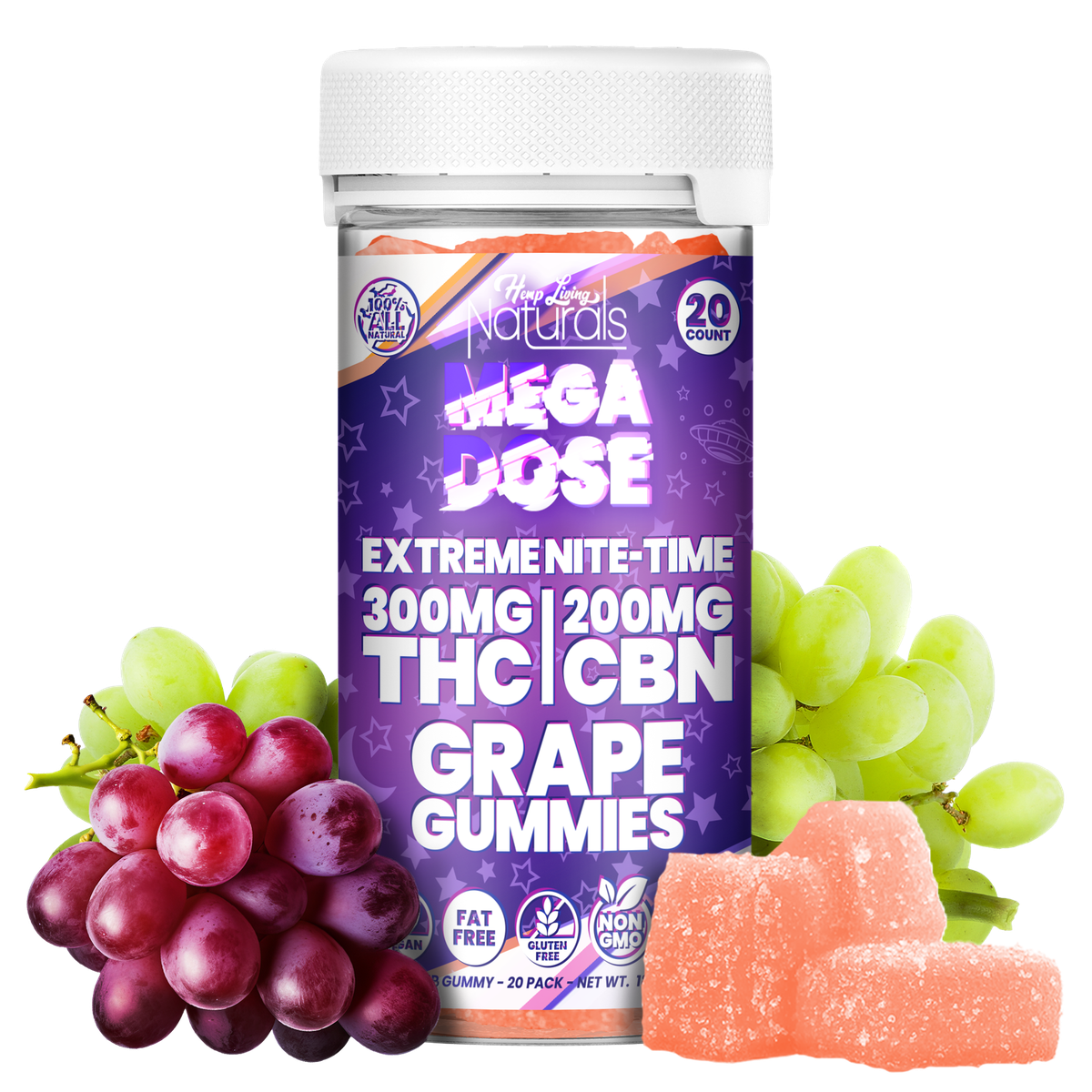Hemp Living Naturals - Mega Dose Sleep - 300mg D9 + 200mg CBN Gummies - 20ct Jar