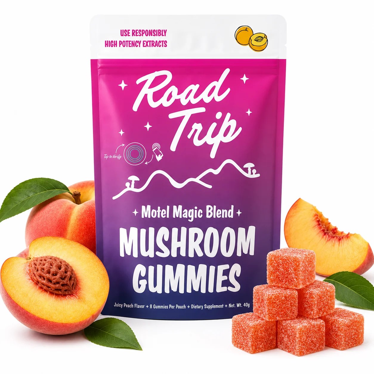 Motel Magic Mushroom Gummies Juicy Peach 8 count pouch